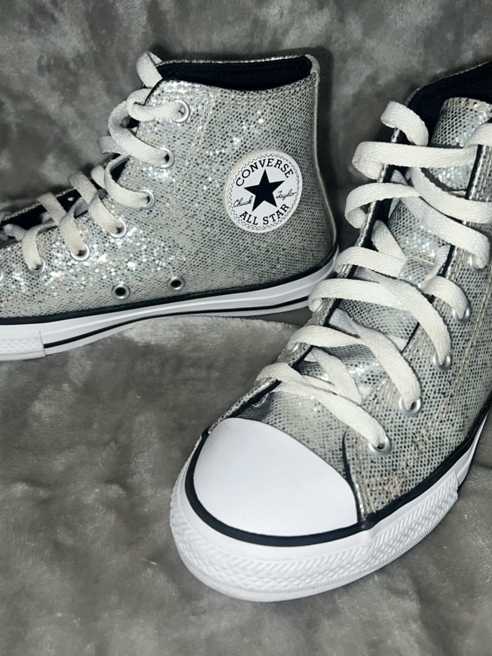 Converse Kids Glitter High Top Sneakers in Silver and White